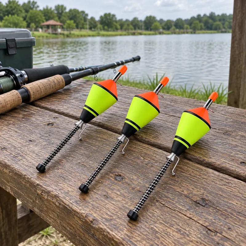 Três boias em uma mesa de pesca